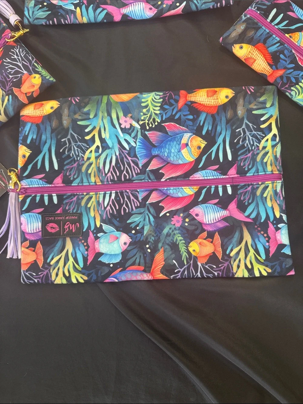 Colorful Fish Print Zipper Pouch with Purple Tassel
